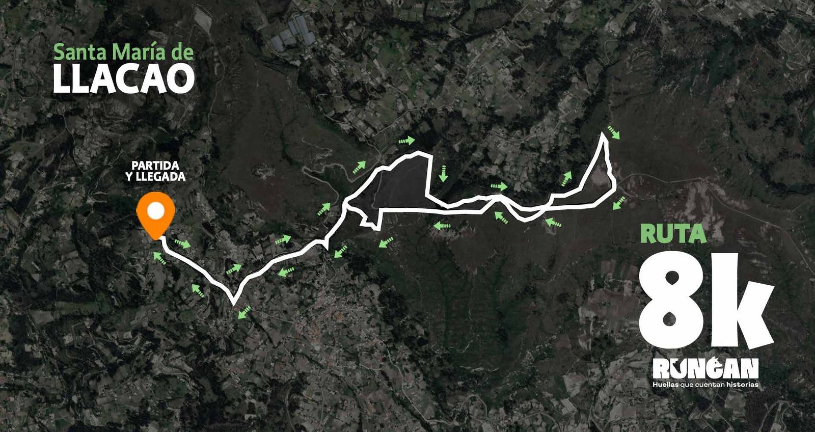 Mapa de la ruta de 8 km en Santa María de Llacao, con partida y llegada en el mismo punto